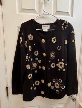 Chelsea Way Black Gold-Embellished Cardigan Sweater - Elegant Holiday Layer